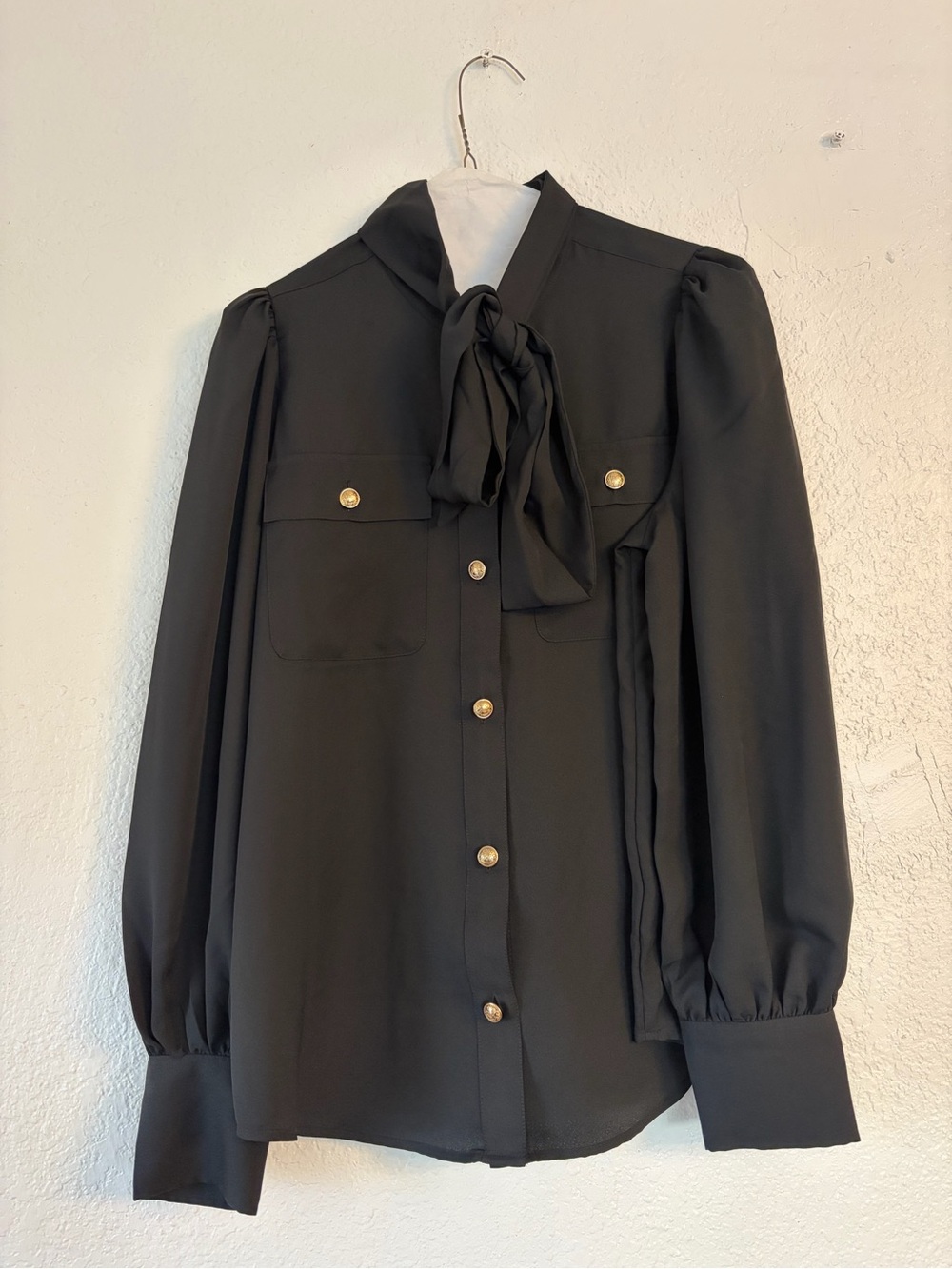 EXPRESS Women's Black Tie-Neck Blouse with Gold Buttons